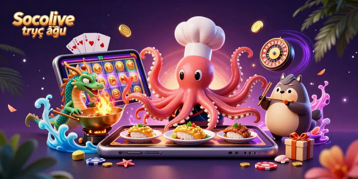 Socolive trực tiếp showcases vibrant live gaming excitement with a sushi chef octopus, dragon, and tanuki amidst thrilling casino elements.