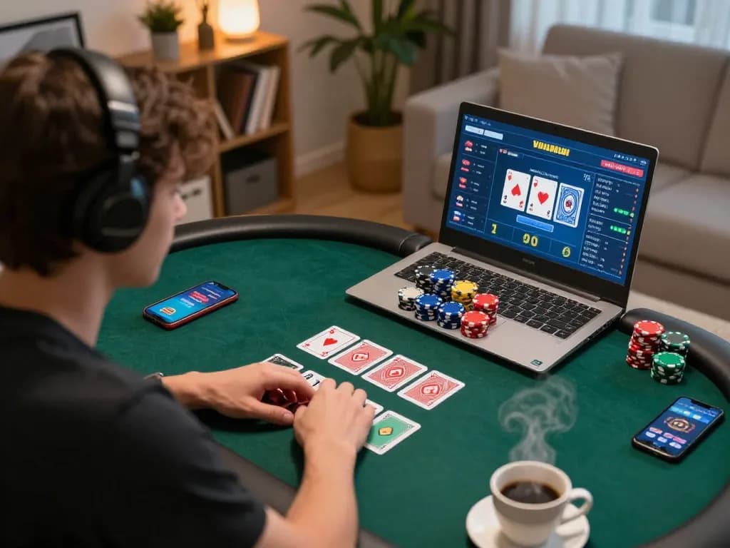Player engaged in an online poker game at home, showcasing jus77 strategy with chips and laptop interface.