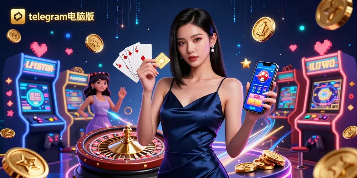体验激情四溢的游戏体验，telegram电脑版中一位自信的女性在充满活力的赌场场景中手持智能手机。