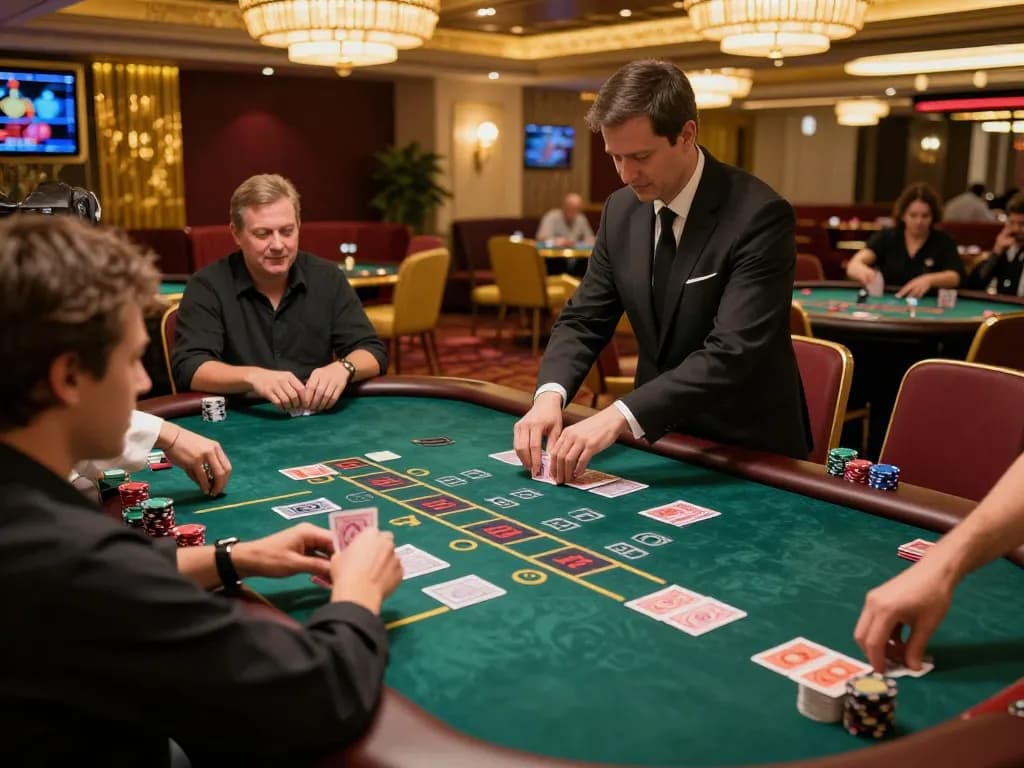 Engage in strategic blackjack gameplay at keonhacaii's upscale casino, showcasing intense focus and lavish ambiance.