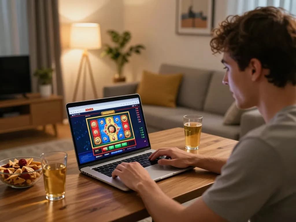 Player enjoying online gaming at MM88br in a cozy home setup with snacks and drinks