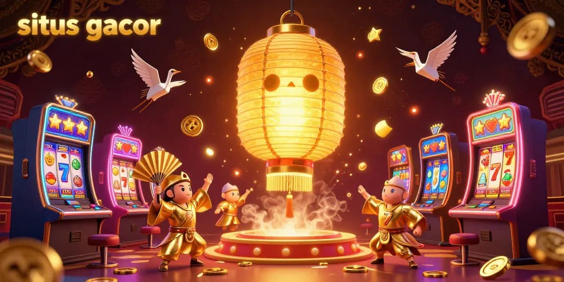 Situs gacor showcases a dynamic, glowing casino scene with colorful slot machines and golden lantern spirits.