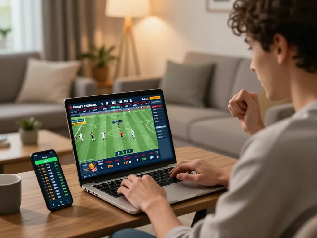 Exciting home sports betting moment with Keo nha cai displayed on laptop, showcasing strategic analysis.