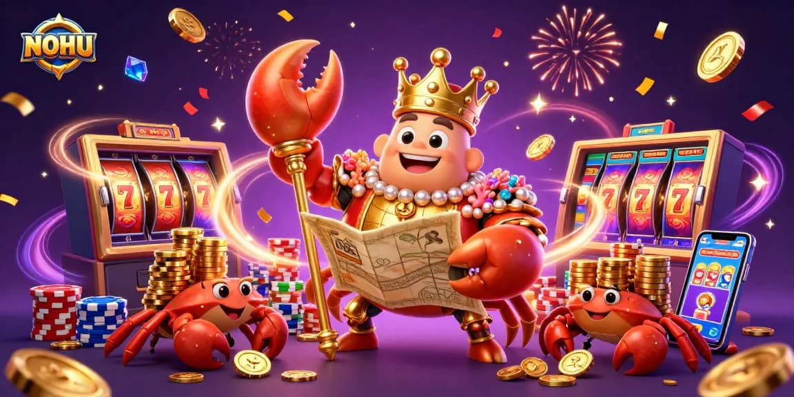 Engage with NOHU's thrilling slot games, featuring a majestic crab emperor amidst sparkling coins and dynamic reels.