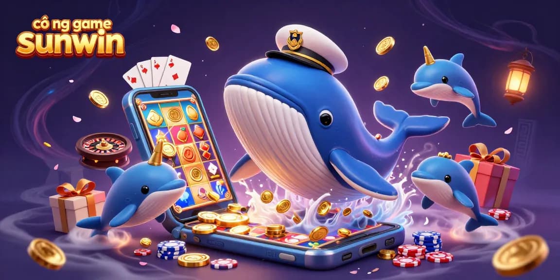 Experience the thrilling cổng game sunwin with a vibrant 3D scene of whales and dolphins amidst casino elements.