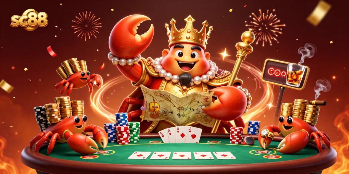 Experience winning strategies at sc88 with this vibrant 3D casino scene featuring a golden crab emperor.