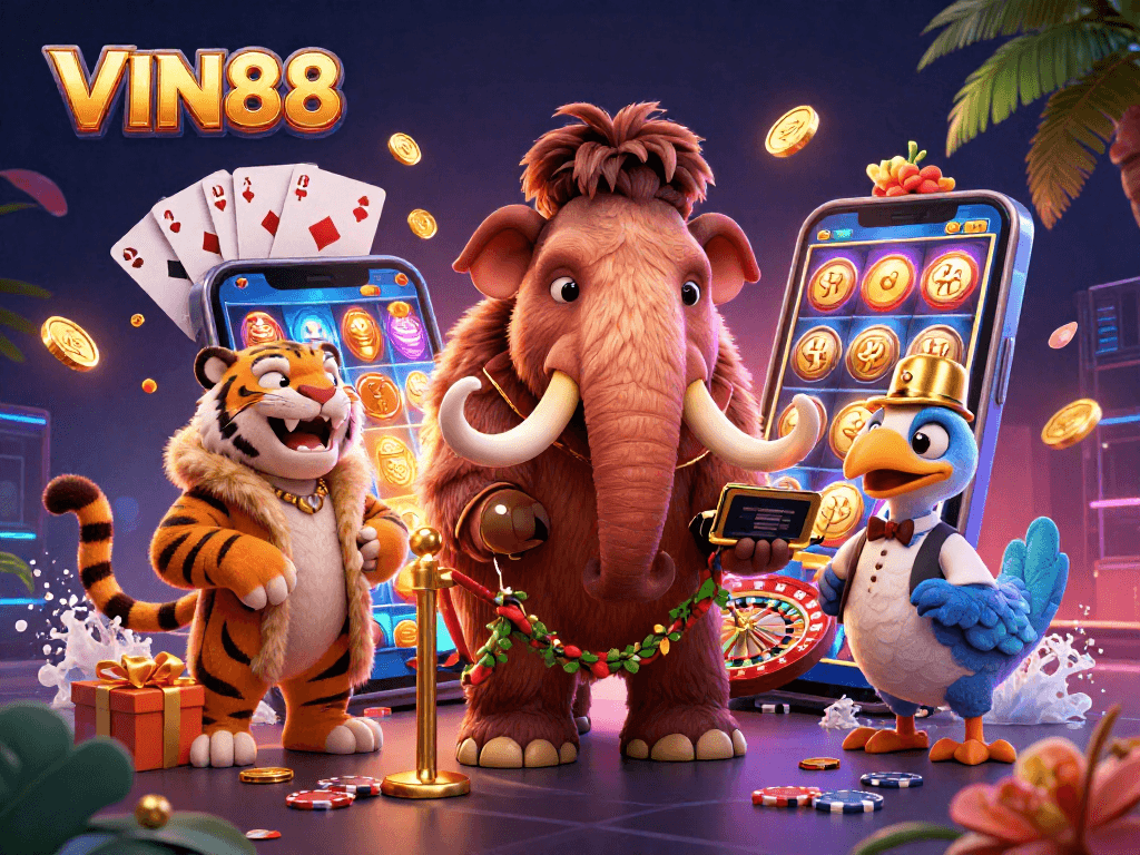 Experience excitement at VIN88 as a woolly mammoth bouncer checks IDs at a vibrant casino entrance.