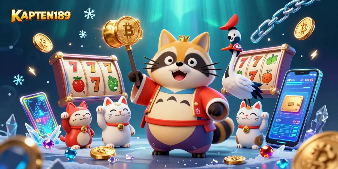 KAPTEN189 menampilkan ilustrasi kartun 3D dengan tanuki ceria, simbol slot, dan koin crypto, Ideal untuk pemain.