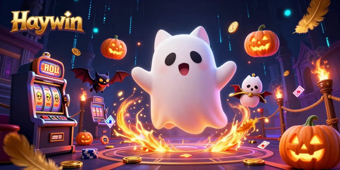 Experience thrilling wagers with Haywin as a ghost cat and bat explore a vibrant casino scene.