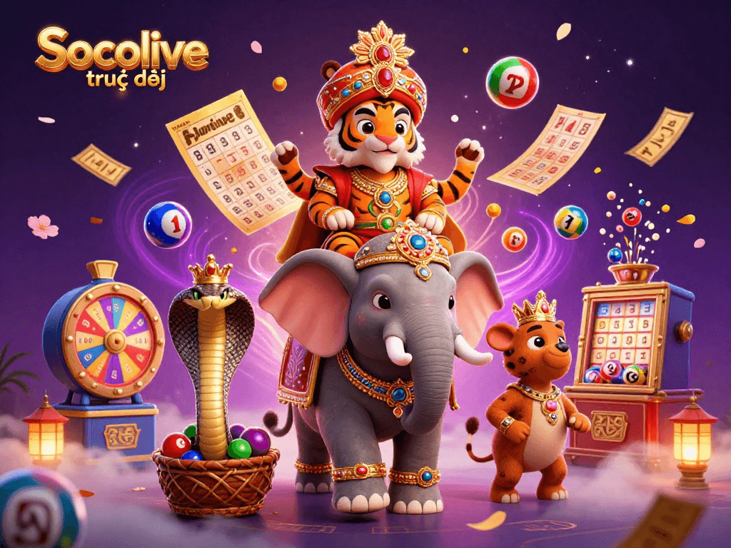 Experience Socolive trực tiếp with a vibrant 3D scene showcasing a maharaja tiger, elephant, and lottery elements.