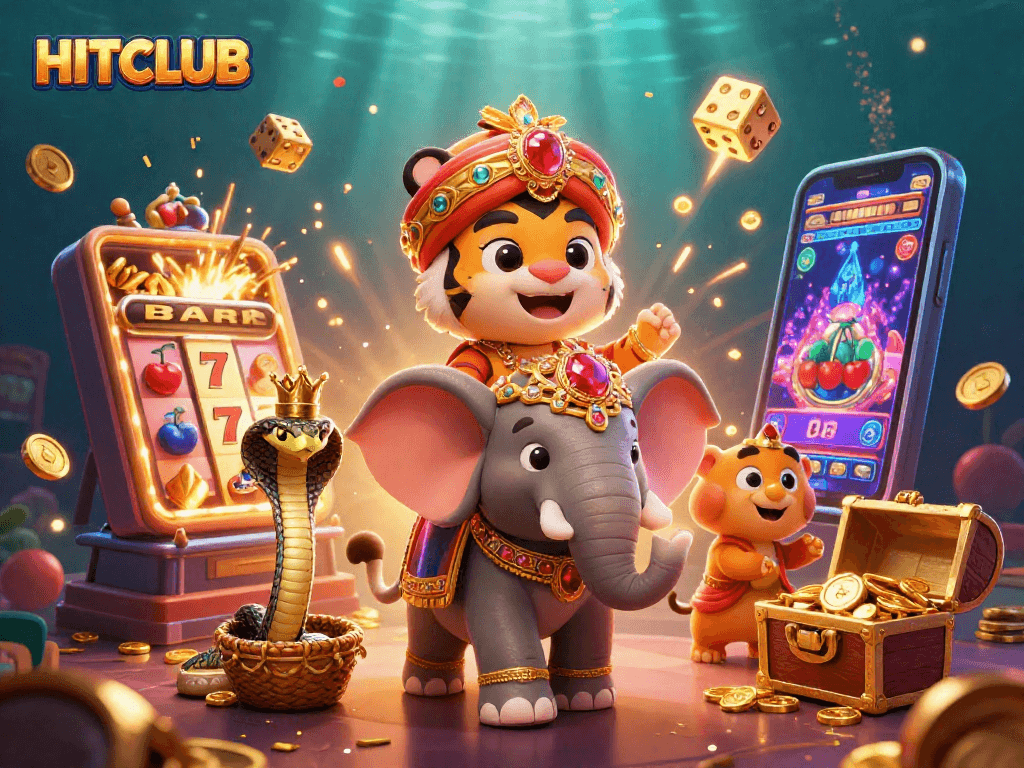 Engage in thrilling gameplay at HITCLUB, featuring a lavishly designed scene with a tiger, elephant, and jackpot elements.