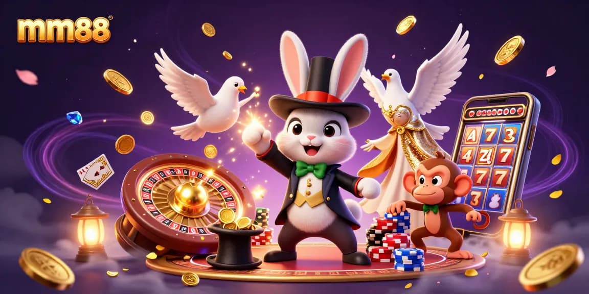 Experience excitement at mm88 with a magician rabbit, coins, and poker chips in a vibrant casino scene.
