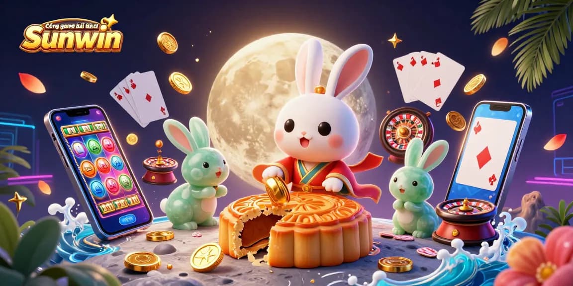 Engage with the Cổng game bài đổi thưởng Sunwin featuring a moon rabbit revealing poker chips in a vibrant casino setting.