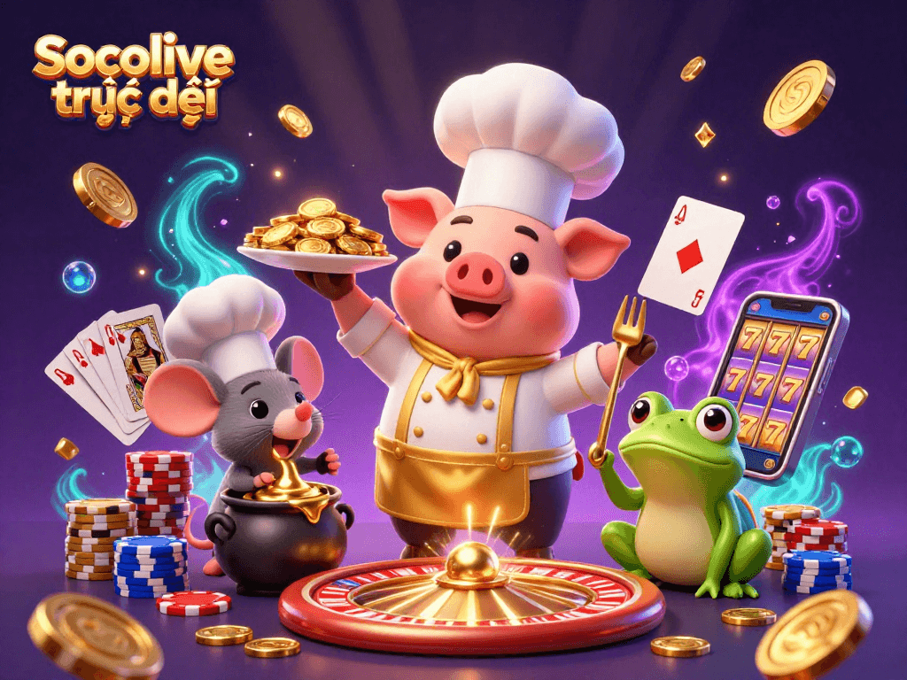 Socolive trực tiếp: Chef pig serving gold coins in a vibrant 3D casino scene