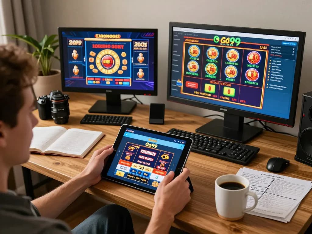 Engaging with Go99 casino app on a tablet while enjoying a cozy home gaming environment.