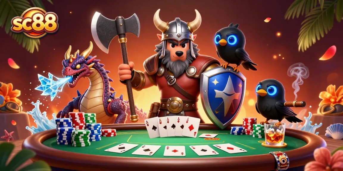 Play thrilling poker with sc88's Viking warrior amidst vibrant casino elements.