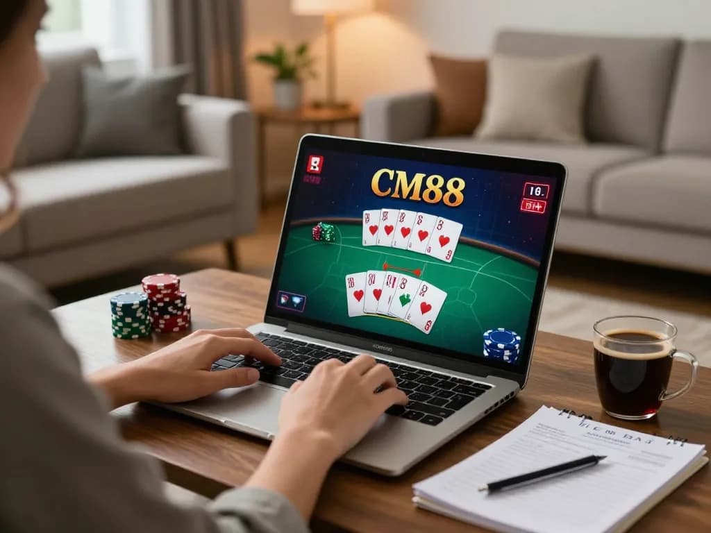 Player enjoying CM88 online poker on a laptop in a cozy home setting, focusing on smart gaming strategies