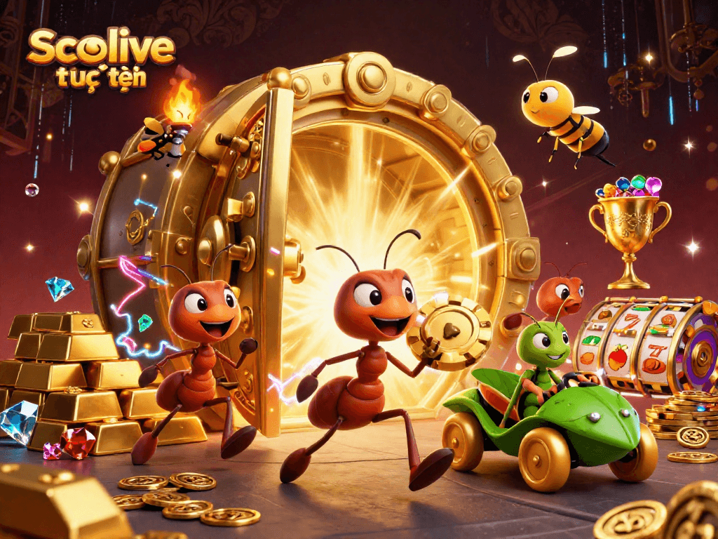 Socolive trực tiếp casino-themed illustration of playful ants on a heist with golden elements.
