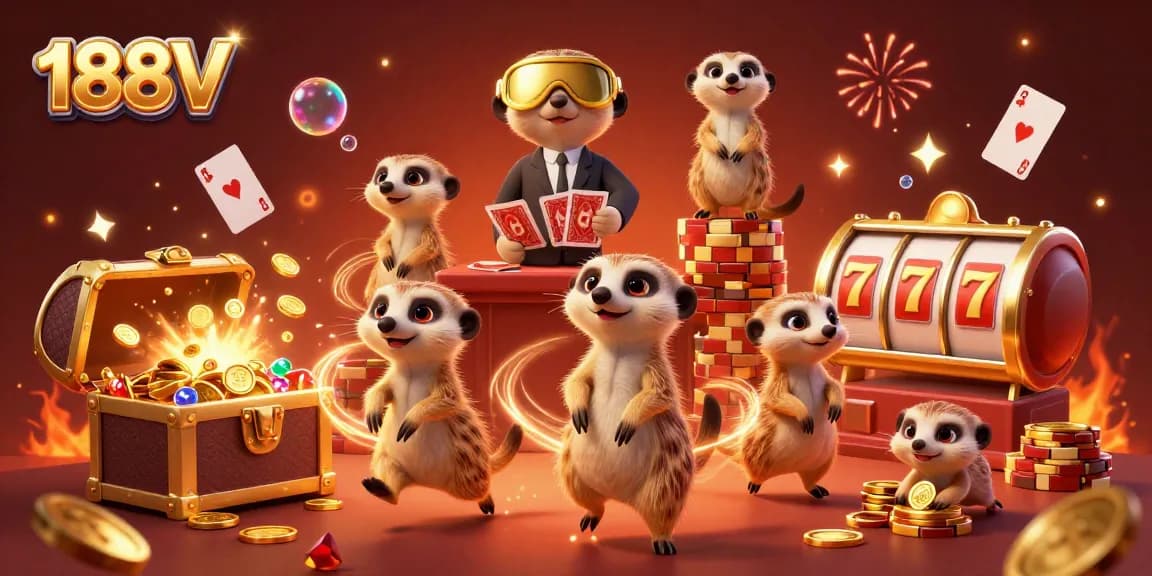 Experience the vibrant 188V casino adventure with meerkats in a dynamic gaming scene.
