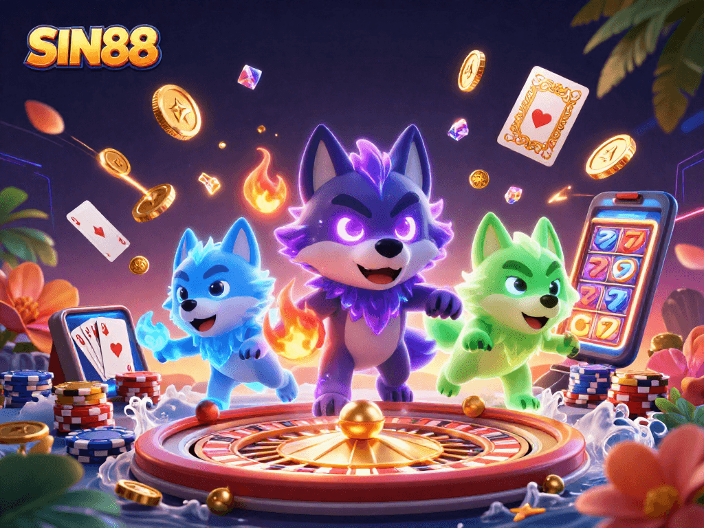SIN88 showcases a dynamic casino scene with spectral wolves and vibrant gaming elements.