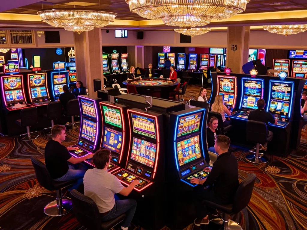 Rasakan sensasi slot88 dengan mesin slot yang hidup dan pemain yang menikmati permainan yang mendebarkan di kasino yang ramai