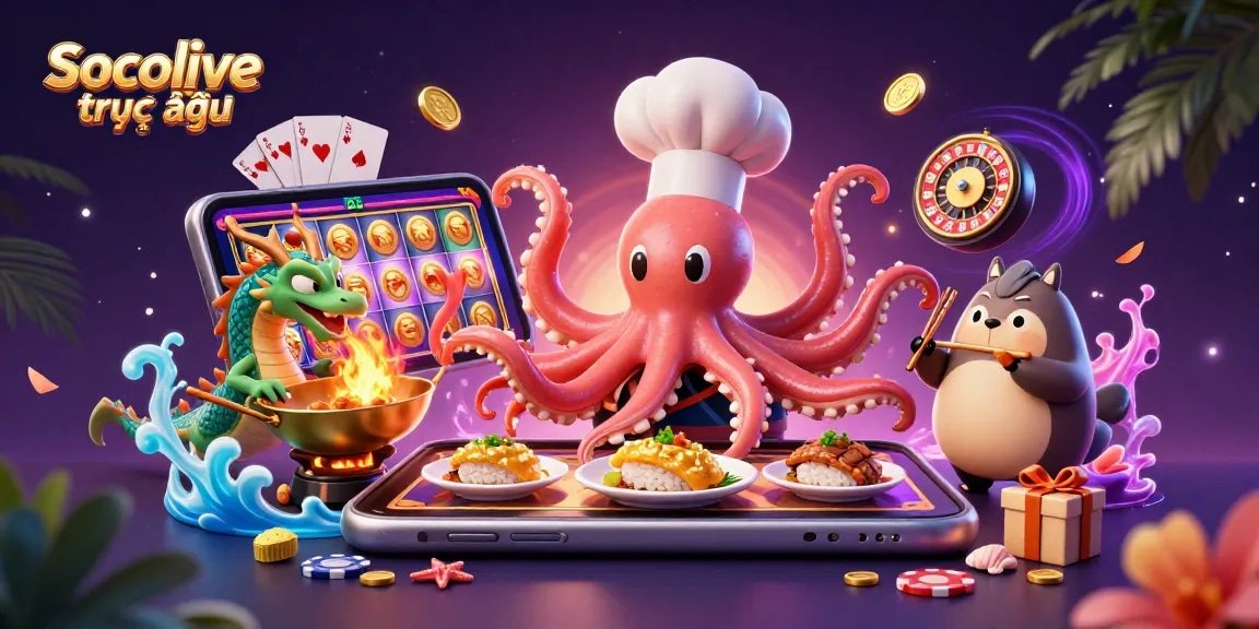 Socolive trực tiếp showcases vibrant live gaming excitement with a sushi chef octopus, dragon, and tanuki amidst thrilling casino elements.