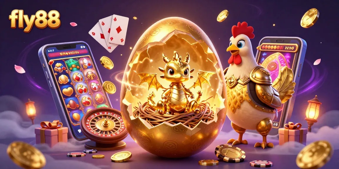 Experience the thrill of fly88 with a golden dragon amidst casino excitement and riches.