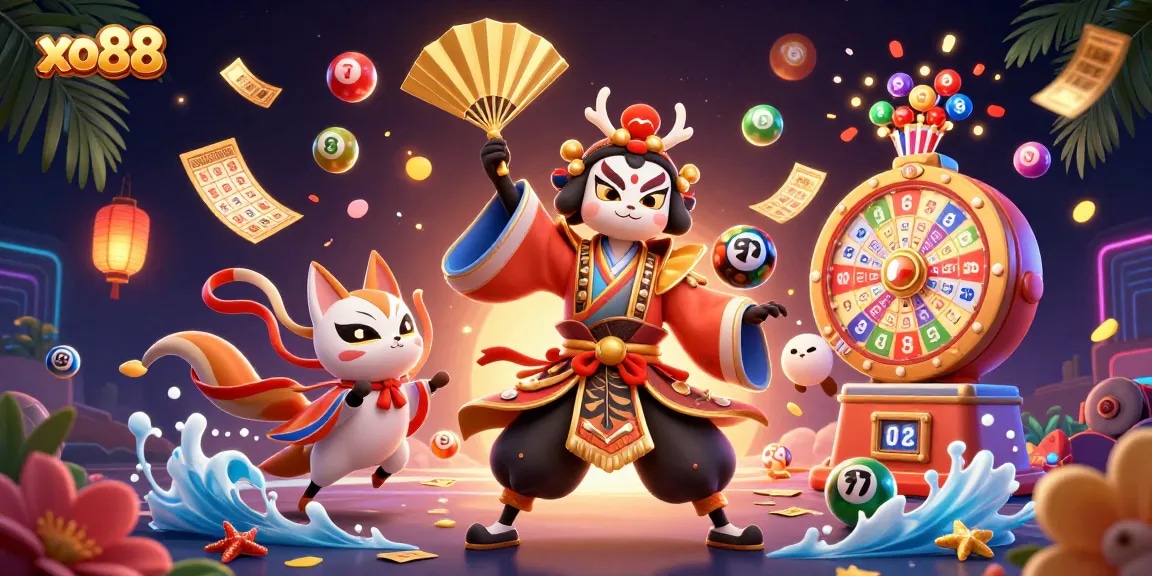 Engage with the vibrant xo88 lottery scene featuring dynamic balls and a colorful prize wheel.
