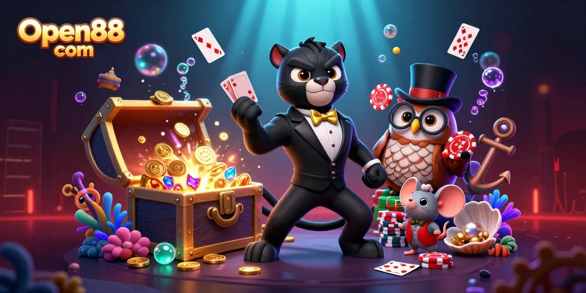 Engage in thrilling gameplay at Open88 com with a stylish casino scene showcasing vibrant characters and dynamic elements.