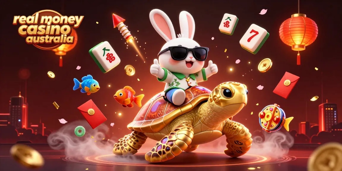 Immerse yourself in the vibrant real money casino Australia scene, featuring a lucky rabbit and golden turtle surrounded by festive game elements.