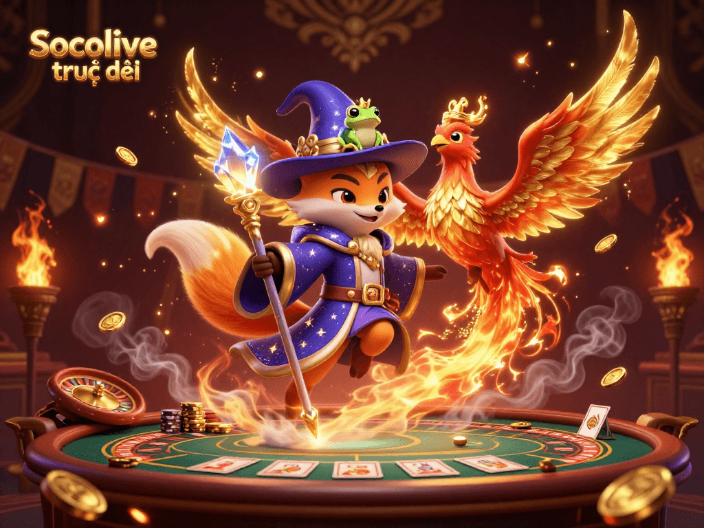 Experience Socolive trực tiếp with a vibrant wizard and phoenix in a casino atmosphere full of excitement.