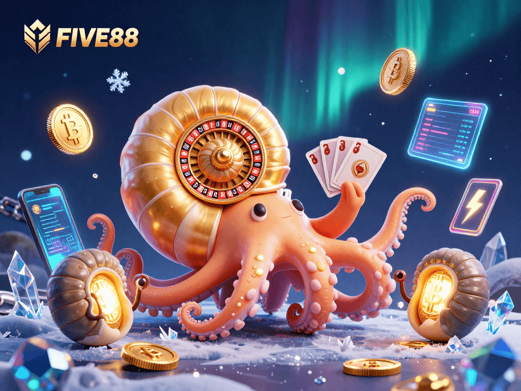 Experience thrilling gameplay at FIVE88 with an ancient giant nautilus as a roulette wheel and glowing crypto elements.