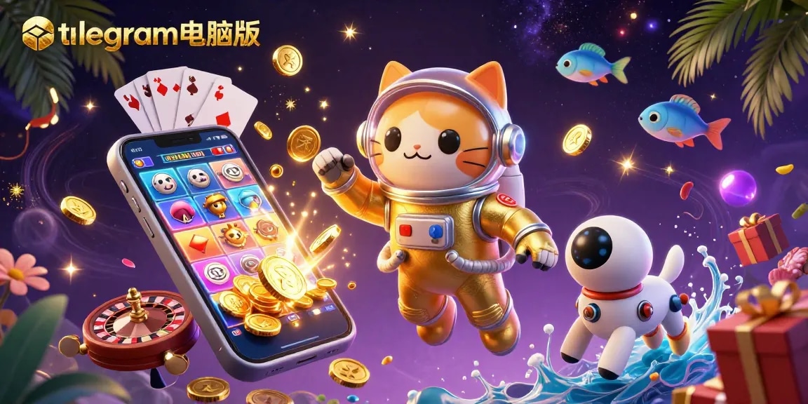 与telegram电脑版互动，太空宇航员猫在动态赌场场景中与生动的老虎机游戏图形互动。