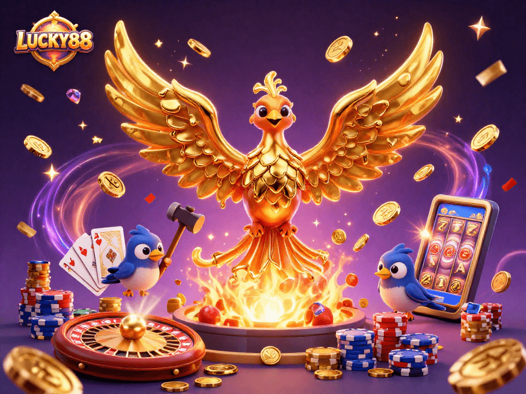 LUCKY88 showcases an ultra-detailed 3D casino scene with a molten phoenix and dynamic casino elements.