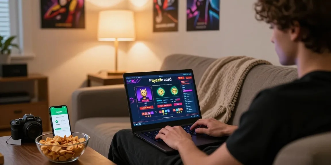 Eine Person genießt eine gemütliche Spielsitzung in einem Paysafe Card Casino mit einem Laptop, der lebendige Spielgrafiken anzeigt.