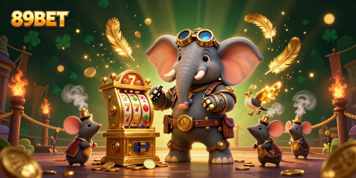 Spin the golden slot machine with 89BET for thrilling wins in this vibrant casino scene.