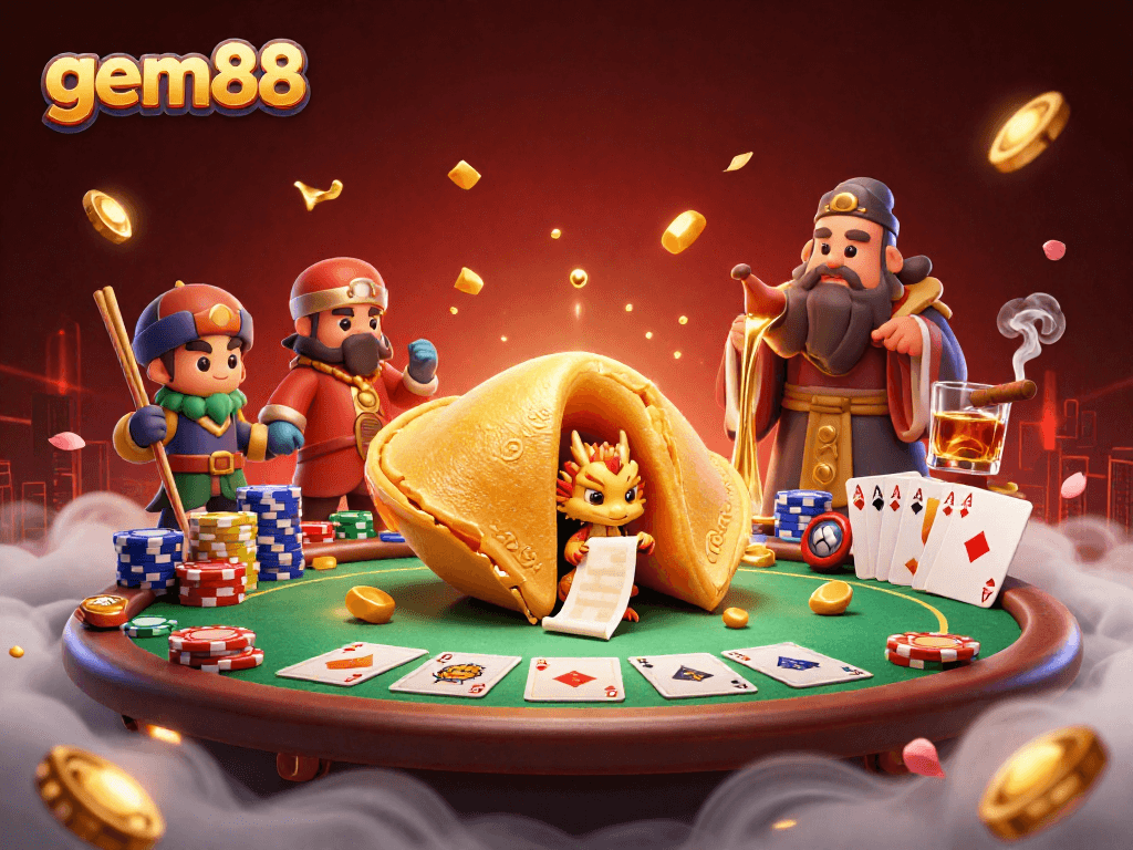 Engage with gem88's exciting gaming atmosphere featuring a golden fortune cookie and poker elements.