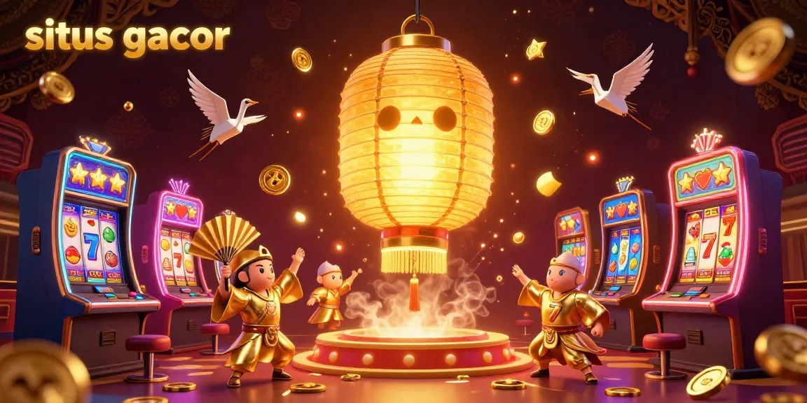 Situs gacor showcases a dynamic, glowing casino scene with colorful slot machines and golden lantern spirits.