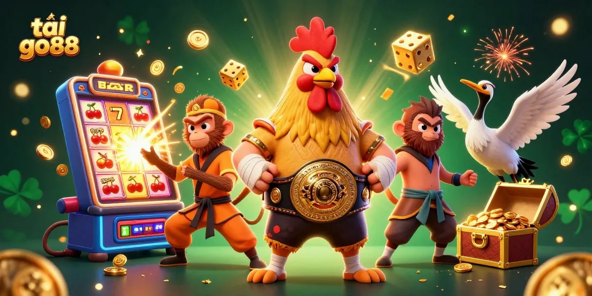Spin to win with tải go88, featuring a dynamic casino scene with colorful characters and jackpot elements.