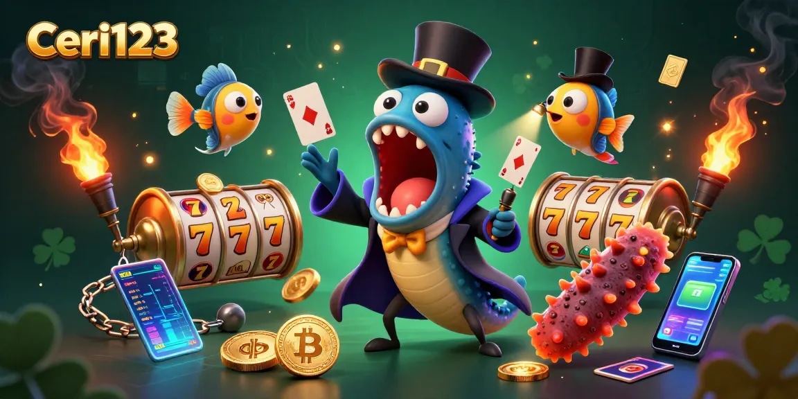 Play slots and win big with Ceri123 in a vibrant deep-sea casino illustration.