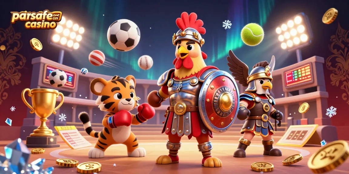 Paysafe Card Casino zeigt eine dynamische Szene mit einem Gladiatoren-Hahn, umgeben von Casino-Elementen.