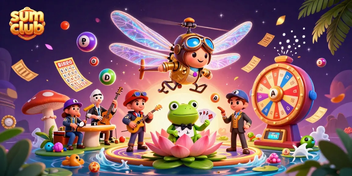 Engage in the sum club with exciting lottery action and vibrant casino games, surrounded by playful characters.