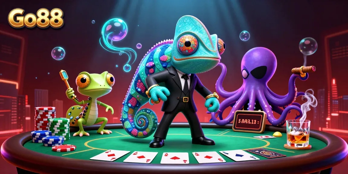 Engage with Go88 at a vibrant poker scene featuring dynamic casino elements and characters.