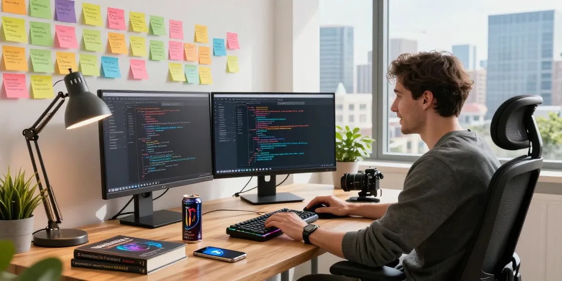 Download Telegram app on a programmer's dual-monitor workspace, showcasing tech productivity and innovation.