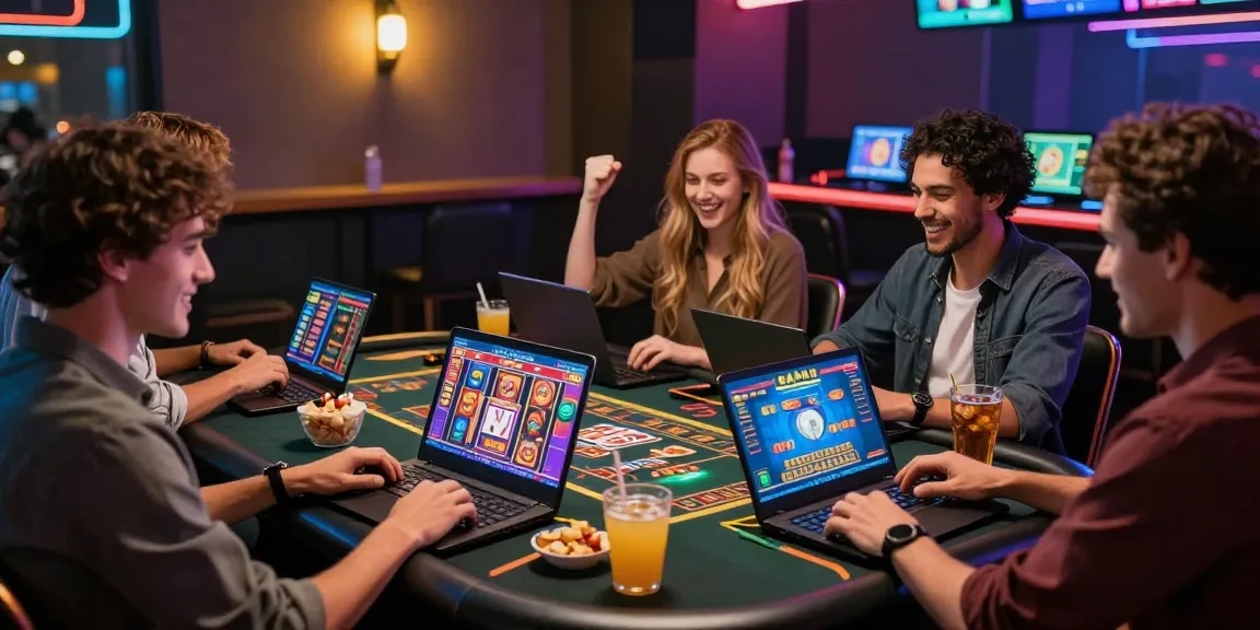 Amici che si divertono a giocare in un casino non AAMS, festeggiando vittorie e coinvolti nel gioco online.