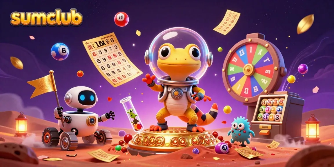Engage in thrilling wins at sumclub with vibrant lottery balls and dynamic casino elements.