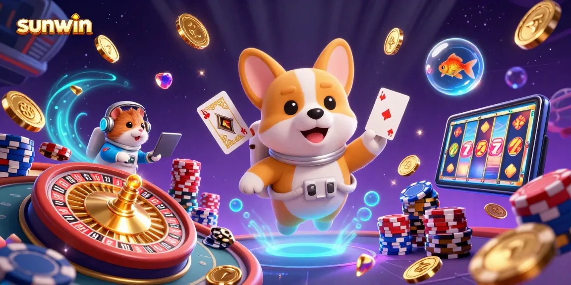 Sunwin's vibrant space casino scene featuring a corgi astronaut, chips, and glowing gems.