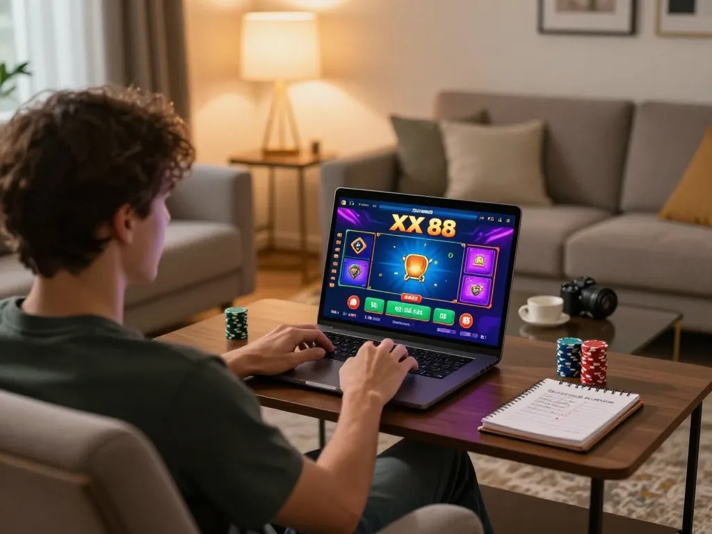 Engaging online gaming moment with XX 88 interface on display during a cozy home session.