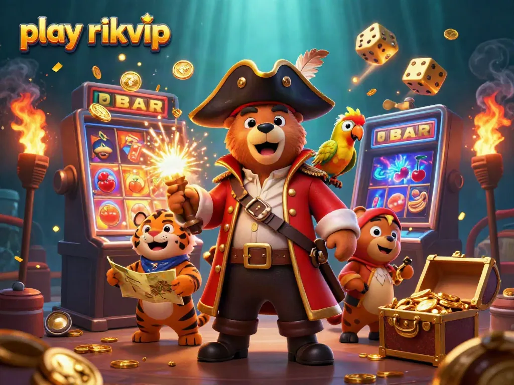 Experience thrills with play rikvip, a vibrant 3D illustration showcasing pirate and casino elements.
