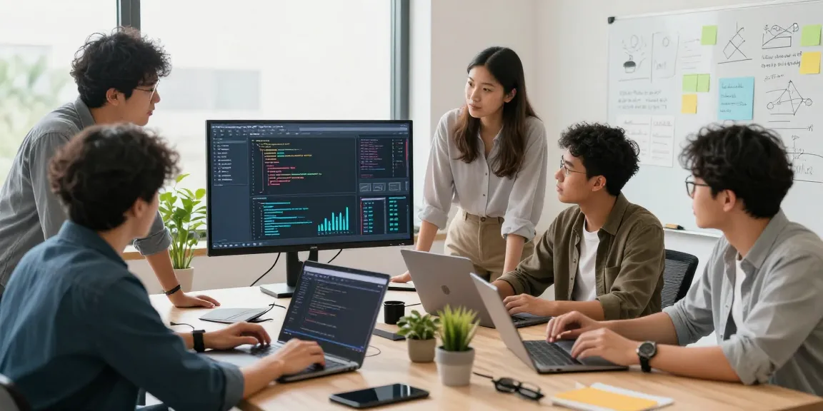 快连 developers brainstorming in a modern office showcasing speed and network optimization strategies.